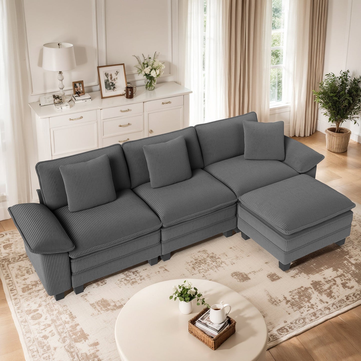 MF Studio 123.6" Sectional Sofa with Extra Deep Seat for Living Room, 4-Seat Corduroy L Shaped Cloud Couch with 3 Pillows, Gray