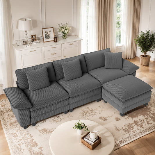 MF Studio 123.6" Sectional Sofa with Extra Deep Seat for Living Room, 4-Seat Corduroy L Shaped Cloud Couch with 3 Pillows, Gray