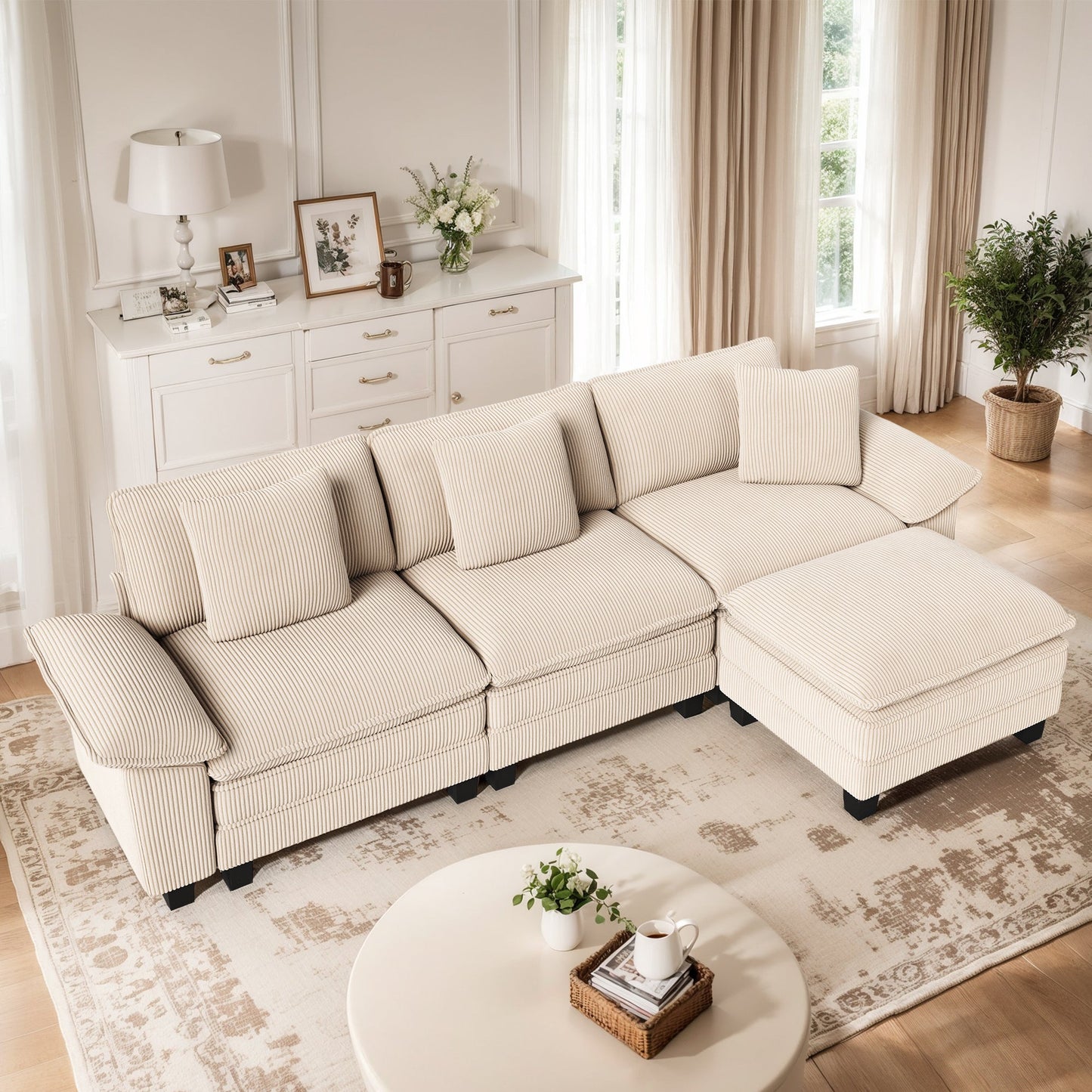 MF Studio 123.6" Sectional Sofa with Extra Deep Seat for Living Room, 4-Seat Corduroy L Shaped Cloud Couch with 3 Pillows, White