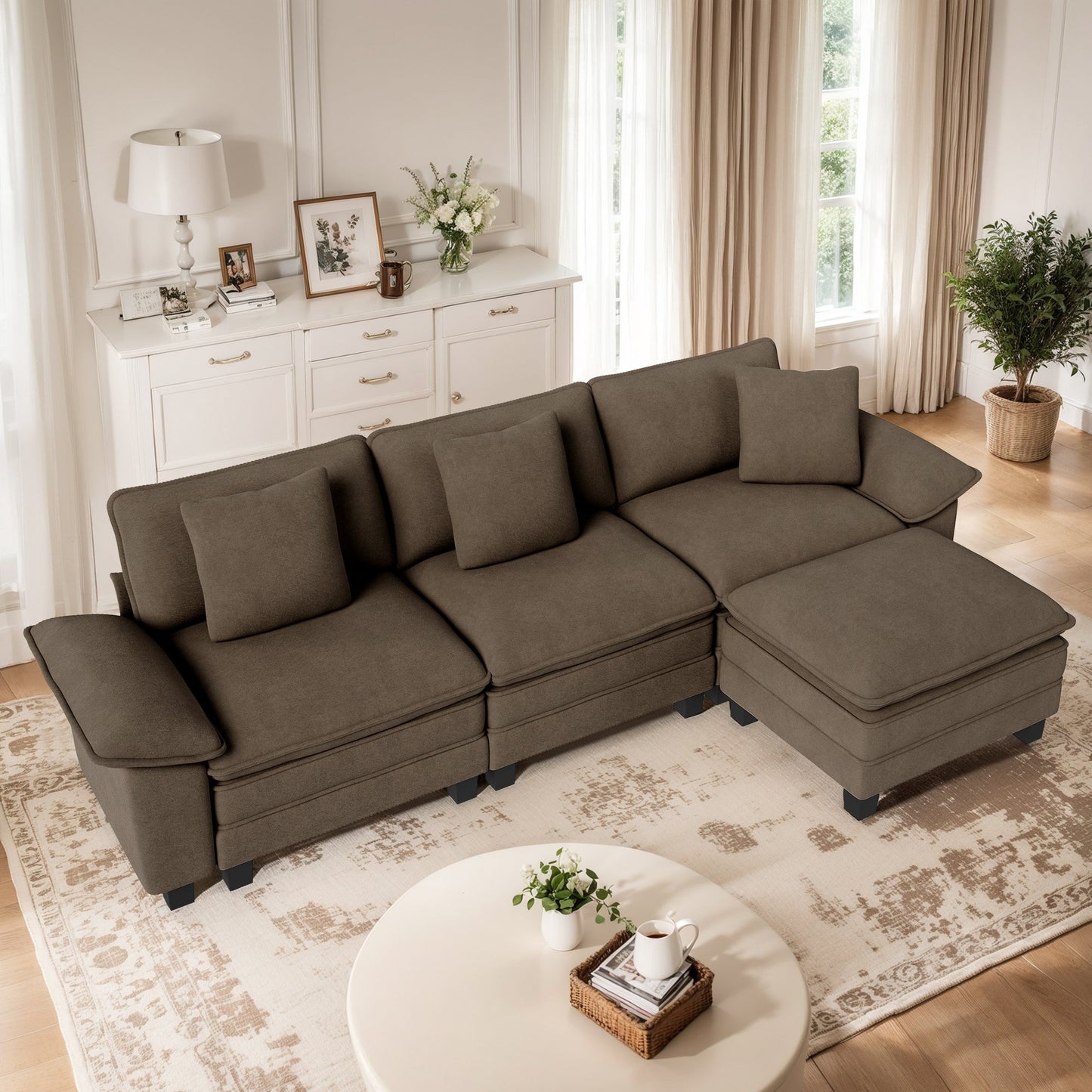 MF Studio 123.6" Sectional Sofa with Extra Deep Seat for Living Room, 4-Seat Chenille L Shaped Cloud Couch with 3 Pillows, Grayish Brown