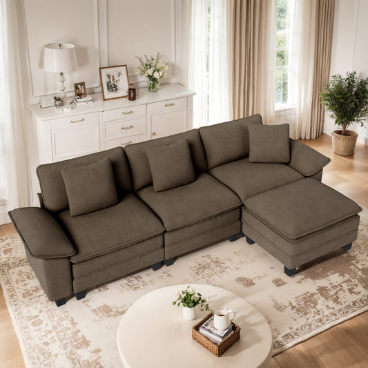 MF Studio 123.6" Sectional Sofa with Extra Deep Seat for Living Room, 4-Seat Chenille L Shaped Cloud Couch with 3 Pillows, Grayish Brown