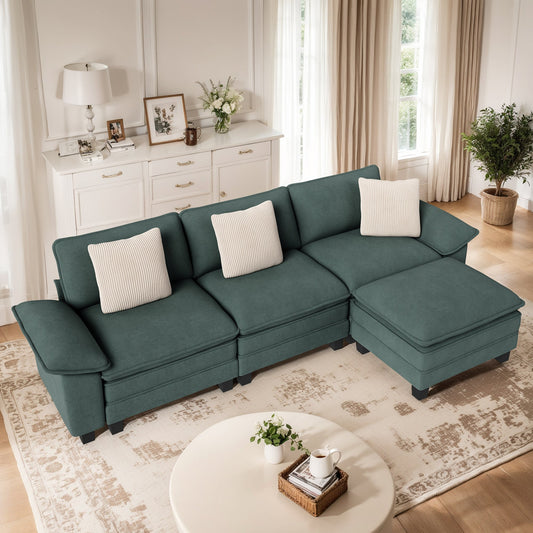 MF Studio 123.6" Sectional Sofa with Extra Deep Seat for Living Room, 4-Seat Chenille L Shaped Cloud Couch with 3 Pillows, Green