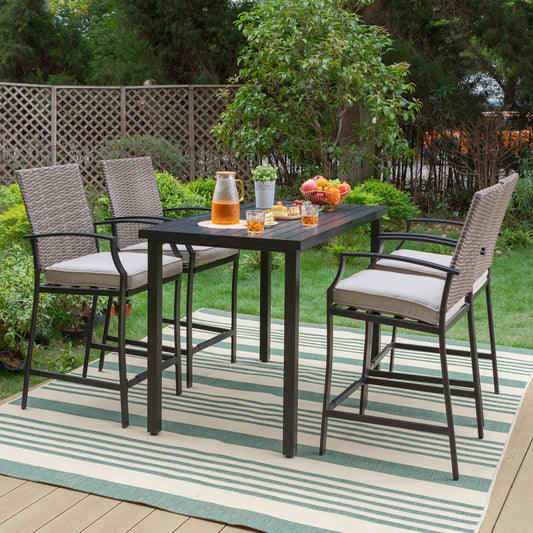 MF Studio 4-Seat Outdoor Bar Stools Set, Patio Rattan Cushioned Bar Stools and Bar Height Table, Brown & Beige