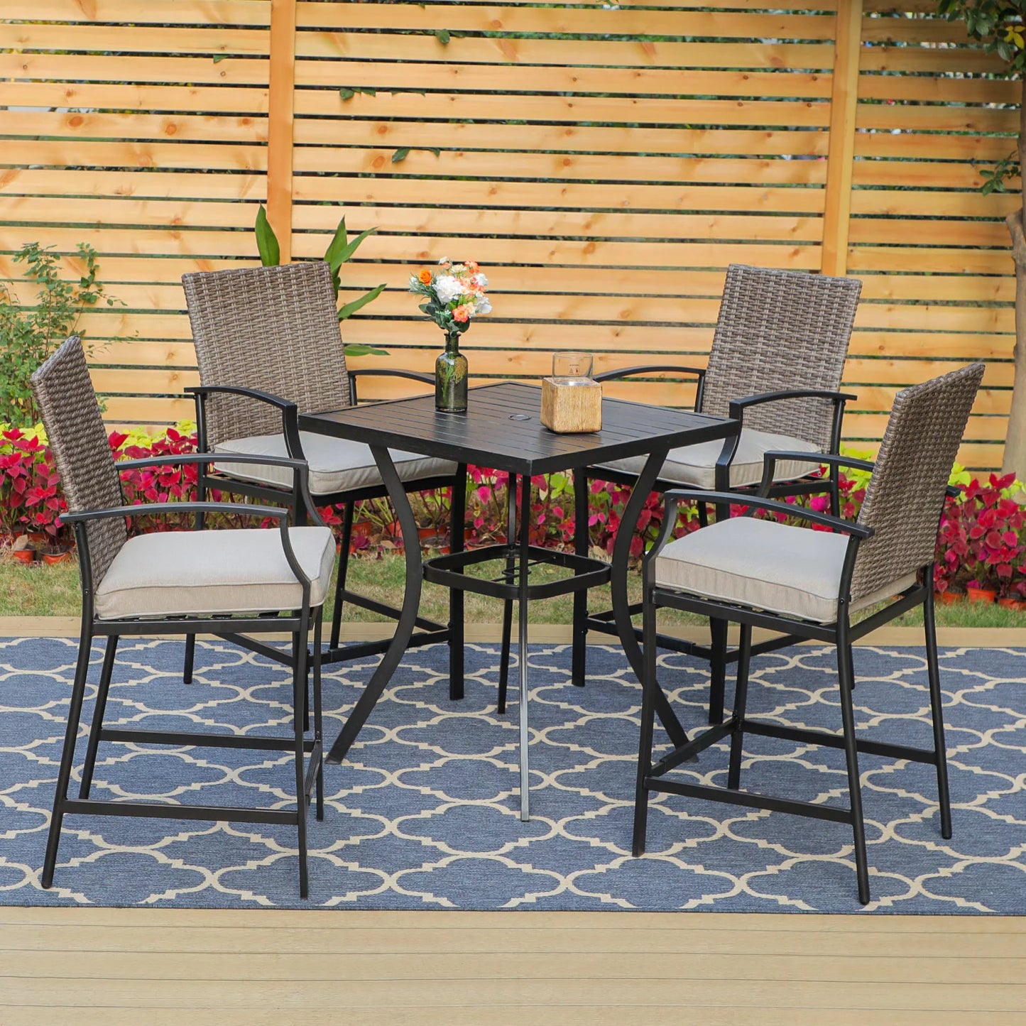 MF Studio 5-Piece Outdoor Patio Bar Stools Set with Rattan Cushioned Bar Stools & Square Bar Height Table, Brown & Beige