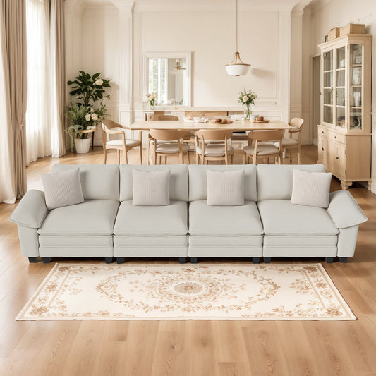 MF Studio 157.5" Sectional Sofa with Extra Deep Seat for Living Room, 4 Seat Chenille Cloud Couch with 4 Pillows, White