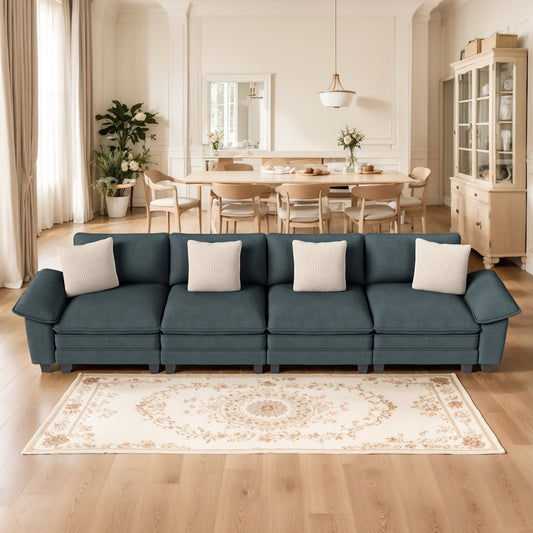 MF Studio 157.5" Sectional Sofa with Extra Deep Seat for Living Room, 4 Seat Chenille Cloud Couch with 4 Pillows, Green