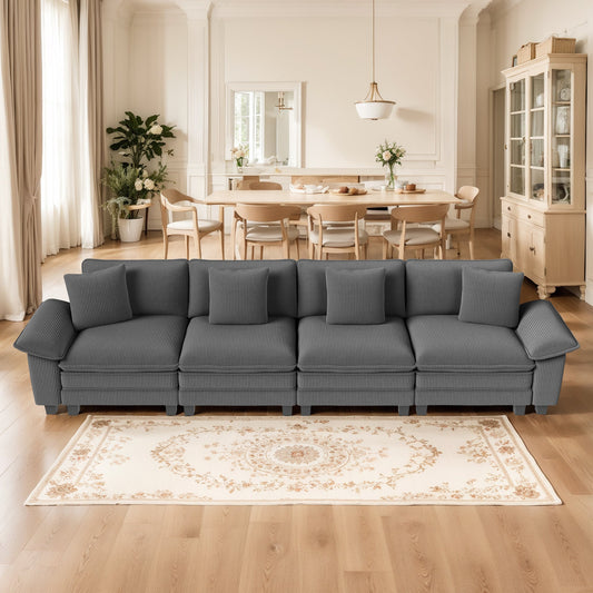 MF Studio 157.5" Sectional Sofa with Extra Deep Seat for Living Room, 4 Seat Corduroy Cloud Couch with 4 Pillows, Gray