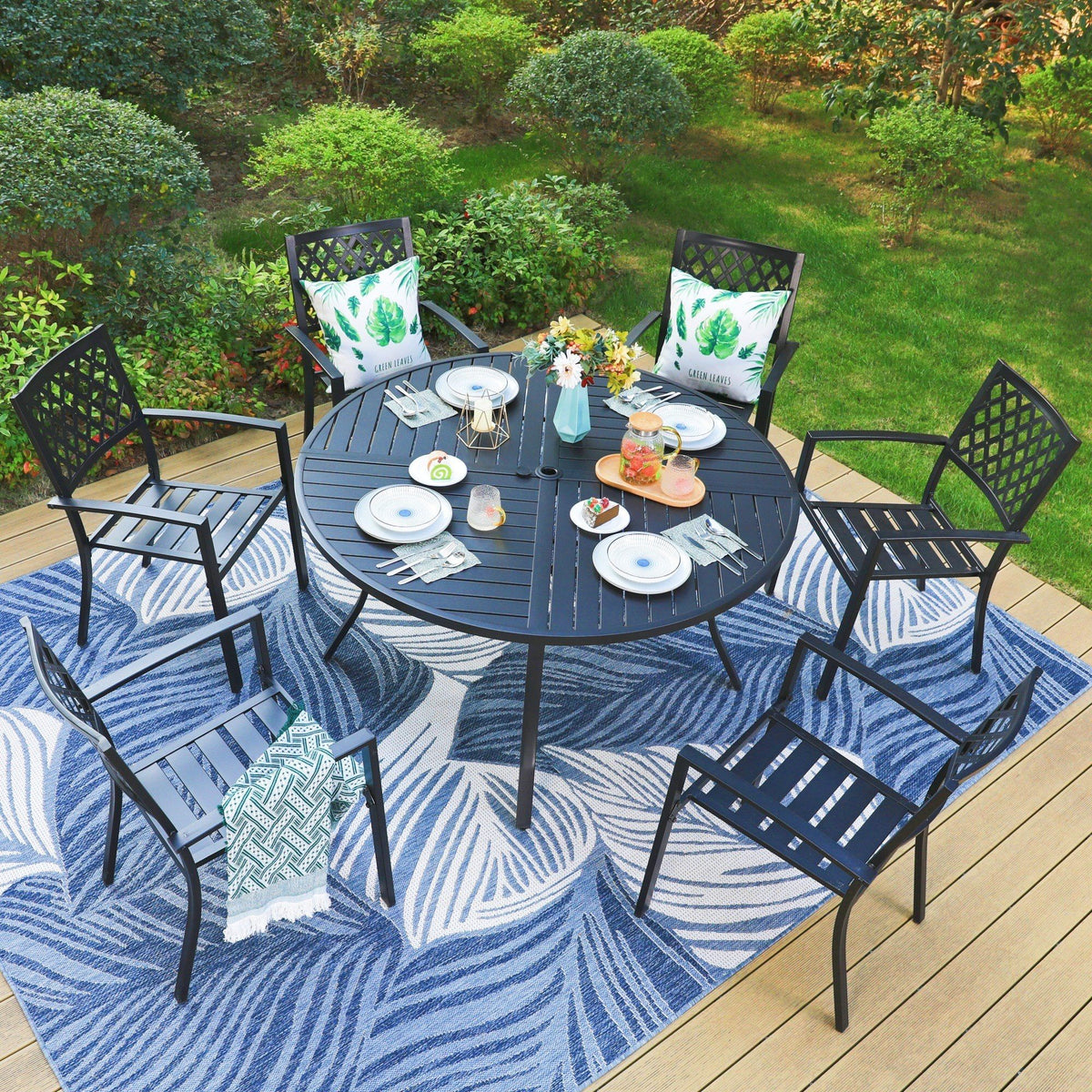 SUMMT LIVING 7-Piece Outdoor Patio Dining Set with 6-Person Round Table & Stacking Chairs, Mesh Pattern, Black
