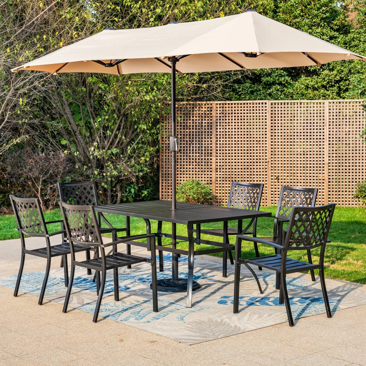 black patio dining set with umbrella MF Studio of 8 Outdoor Set 13 ft Double-Sided – summitlivin Color:Fitz Roy Patchwork: Night Plum Created by API Resistant Tabletop Dominique