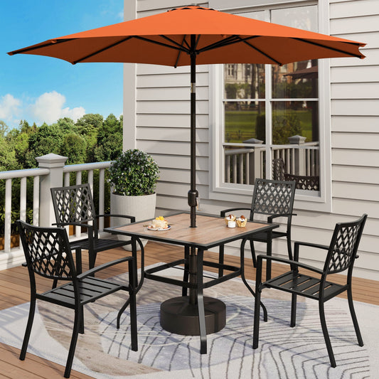 MF Studio 6-Piece Outdoor Dining Set with 9 ft Umbrella, Stacking Chairs & Square Table for 4-Person, Black & Red