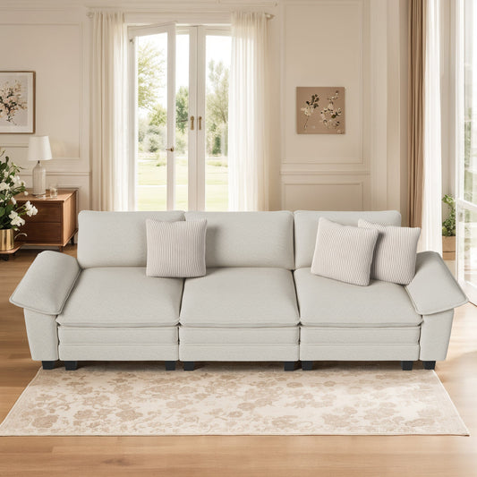 MF Studio 123.6" 3-Seater Sofa Couch with Extra Deep Seat for Living Room, 3-Seat Chenille Sectional Sofa with 3 Pillows, White