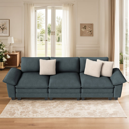 MF Studio 123.6" 3-Seater Sofa Couch with Extra Deep Seat for Living Room, 3-Seat Chenille Sectional Sofa with 3 Pillows, Grayish Blue