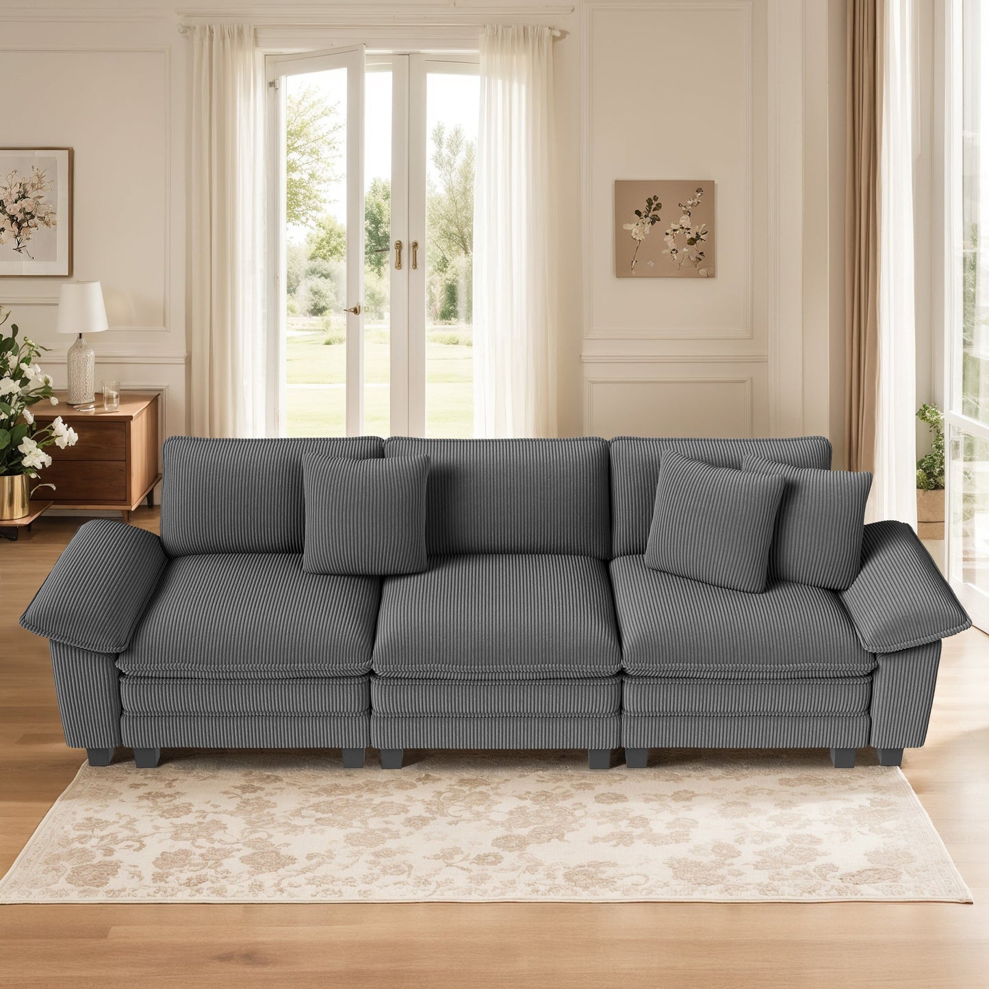 MF Studio 123.6" 3-Seater Sofa Couch with Extra Deep Seat for Living Room, 3-Seat Corduroy Sectional Sofa with 3 Pillows, Gray