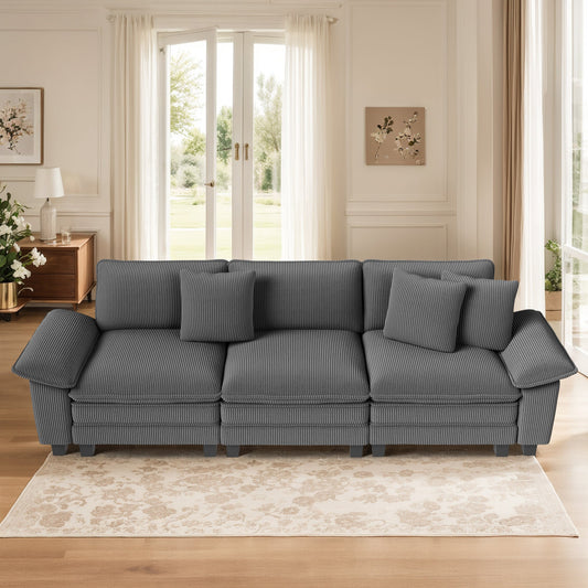 MF Studio 123.6" 3-Seater Sofa Couch with Extra Deep Seat for Living Room, 3-Seat Corduroy Sectional Sofa with 3 Pillows, Gray