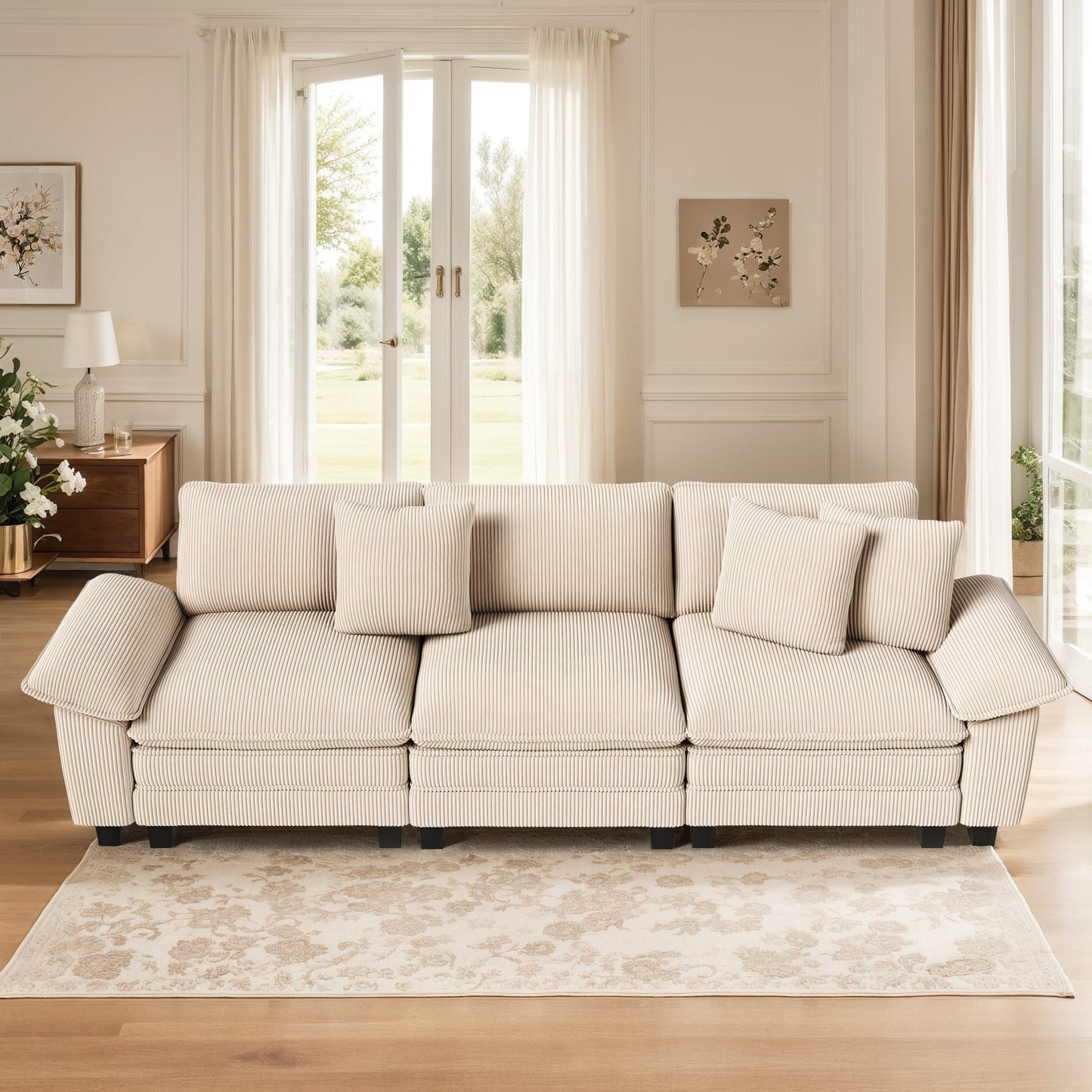 MF Studio 123.6" 3-Seater Sofa Couch with Extra Deep Seat for Living Room, 3-Seat Corduroy Sectional Sofa with 3 Pillows, White
