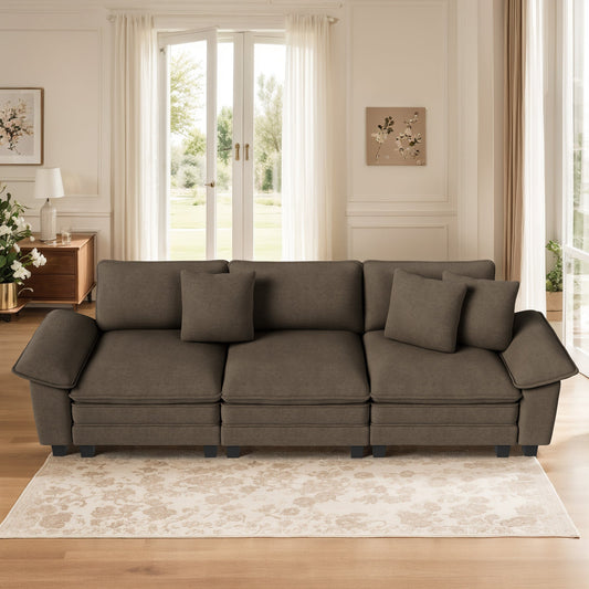 MF Studio 123.6" 3-Seater Sofa Couch with Extra Deep Seat for Living Room, 3-Seat Chenille Sectional Sofa with 3 Pillows, Grayish Brown