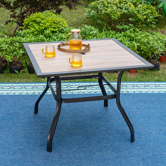 Summit Living Outdoor Dining Table, Wood-look Top & Umbrella Hole for 4-Person, Black & Brown