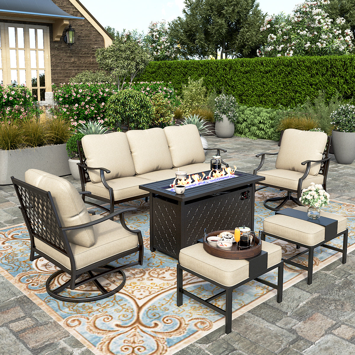 HERA'S HOUSE 6 Pieces Patio Furniture Set with Fire Pit Table, 2 x Swivel Chair, 2 x Ottoman, 3-Seat Sofa with 45" Fire Pit Table, Outdoor Conversation Set for Garden, Poolside, Backyard