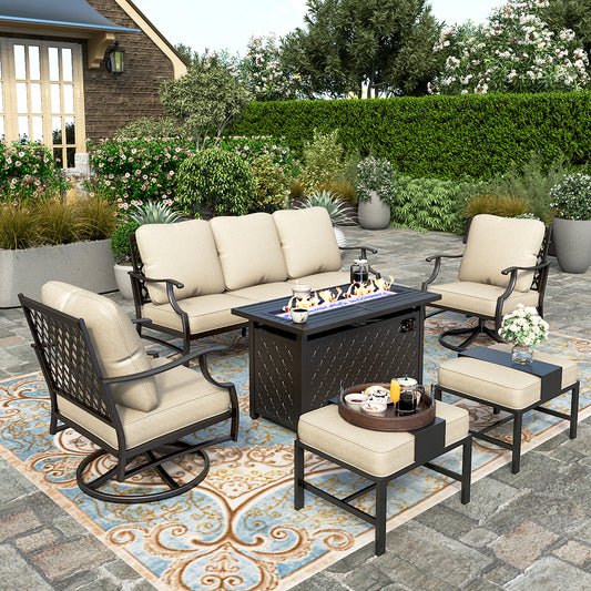 HERA'S HOUSE 6 Pieces Patio Furniture Set with Fire Pit Table, 2 x Swivel Chair, 2 x Ottoman, 3-Seat Sofa with 45" Fire Pit Table, Outdoor Conversation Set for Garden, Poolside, Backyard