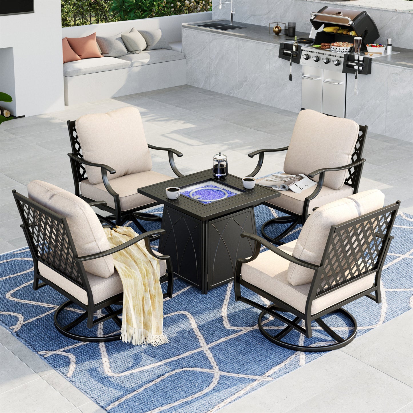 Summit Living 5 PCS Outdoor Conversation Set with 28-Inch Square Fire Pit Table Patio Furniture Sectional Sofa with Beige Cushions for 4 People