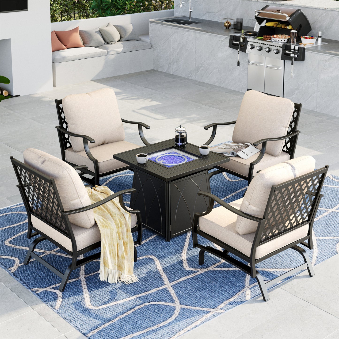 Summit Living 5 PCS Outdoor Conversation Set with 28-Inch Square Fire Pit Table Patio Furniture Sectional Sofa with Beige Cushions for 4 People