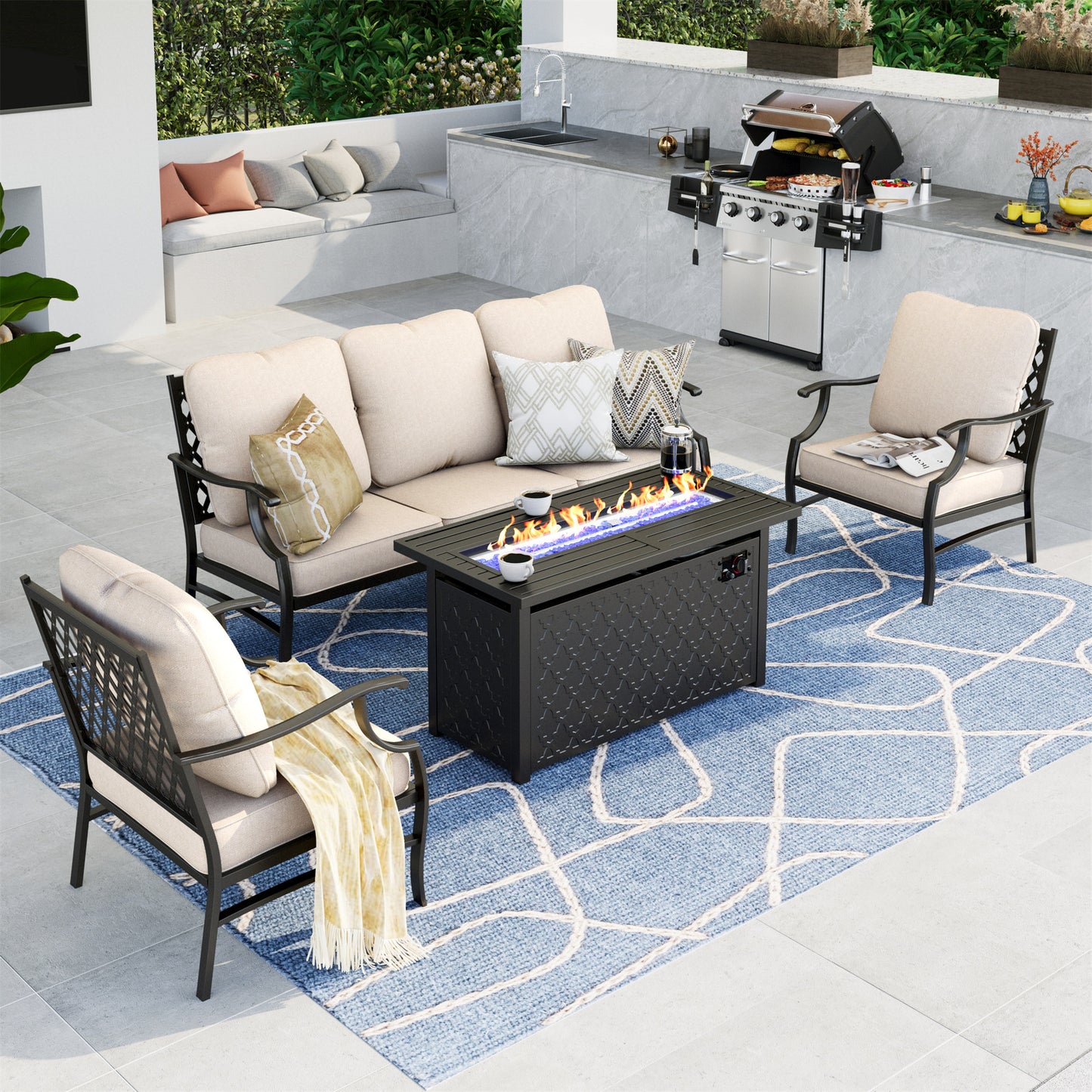 Summit Living 4 Pieces Patio Conversation Set with 45-Inch Gas Fire Pit Table Outdoor Furniture Sectional Sofa Set with Beige Cushions for 5 Person