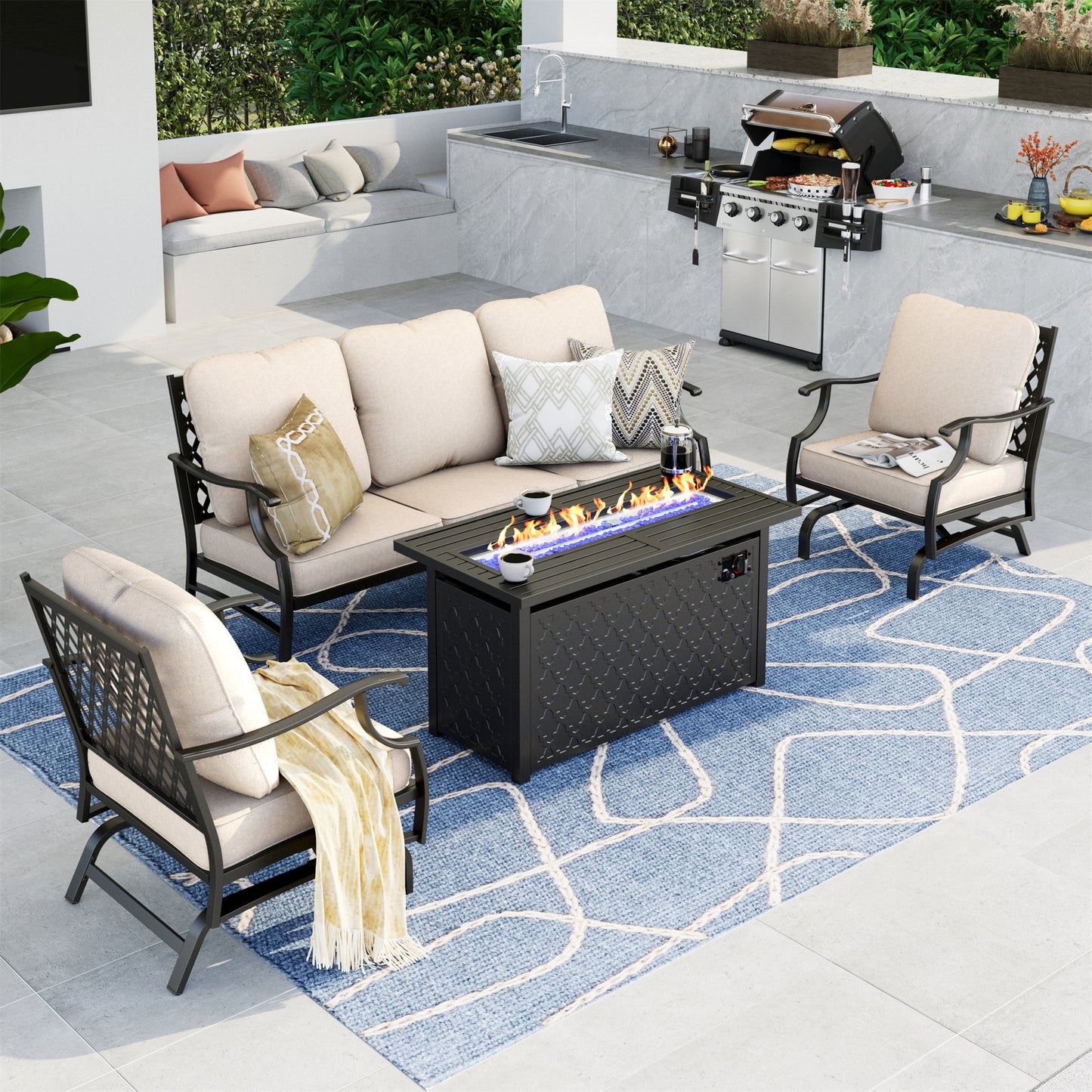Summit Living 4 Pieces Patio Conversation Set with 45-Inch Gas Fire Pit Table Outdoor Furniture Sectional Sofa Set with Beige Cushions for 5 Person