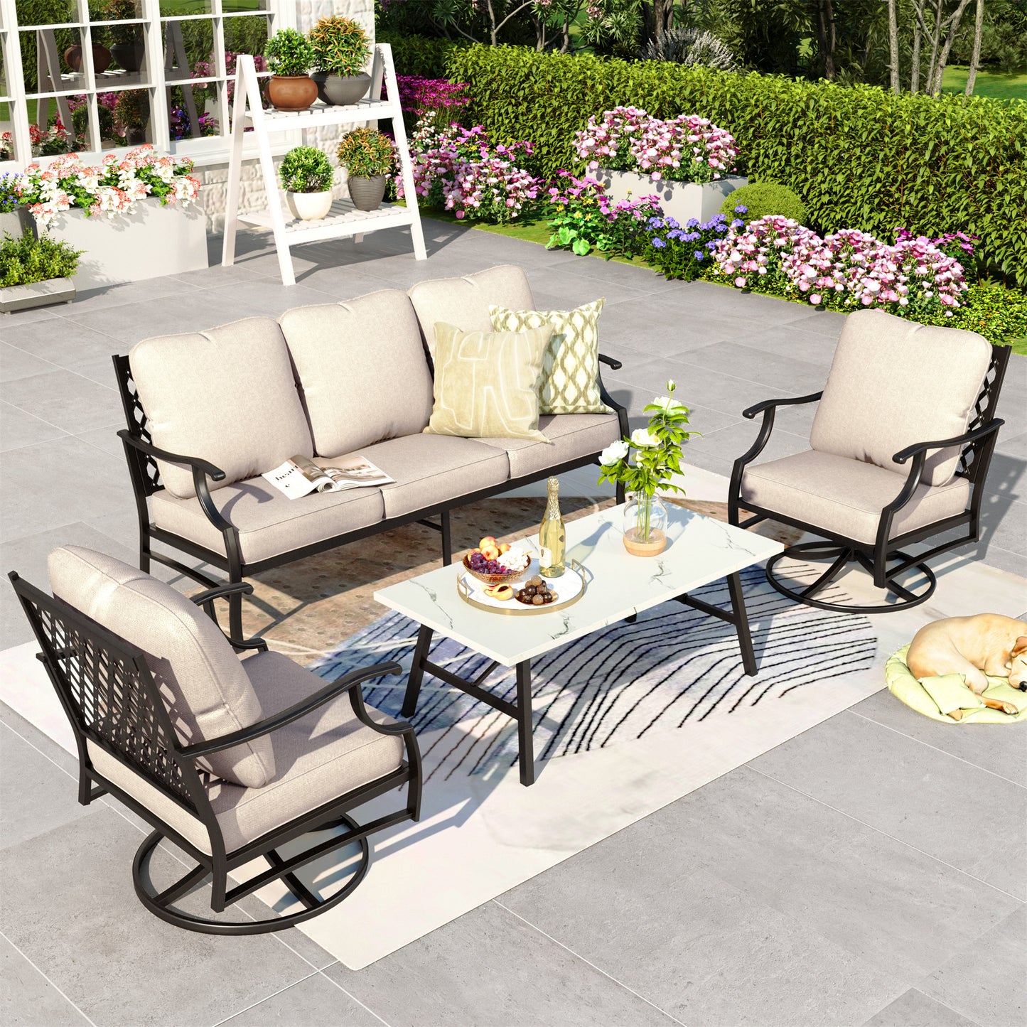 Summit Living 5-Seat Outdoor Conversation Set, Patio Furniture Metal Sectional Sofa with Beige Cushion