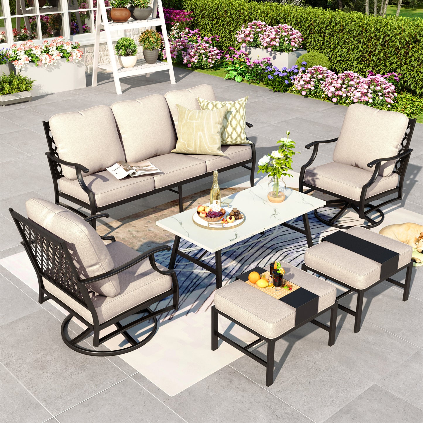 Summit Living 6 Piece Patio Furniture Outdoor Conversation Set Sectional Sofa for 7 People, Beige Cushions