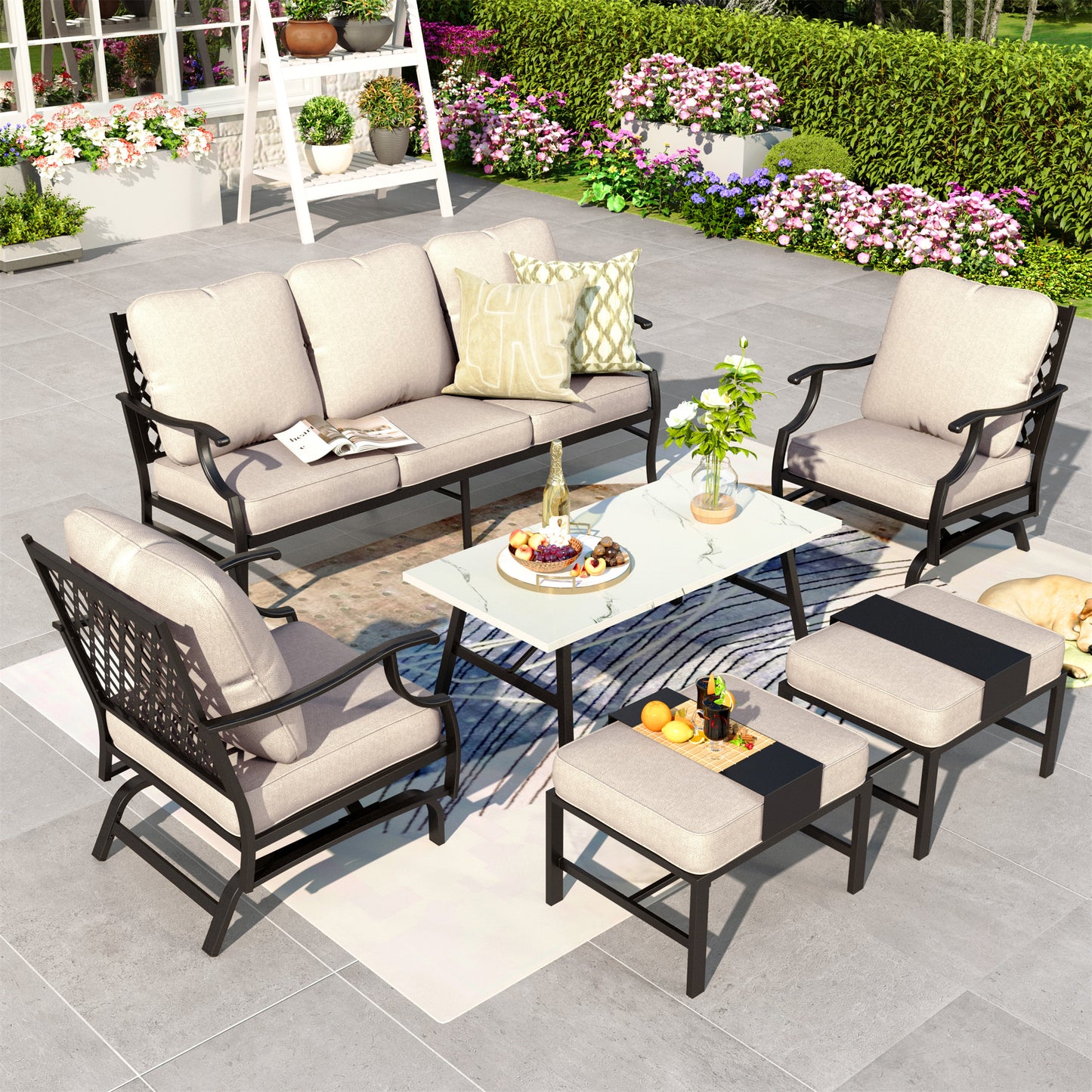 Summit Living 6 Piece Patio Furniture Outdoor Conversation Set Sectional Sofa for 7 People, Beige Cushions