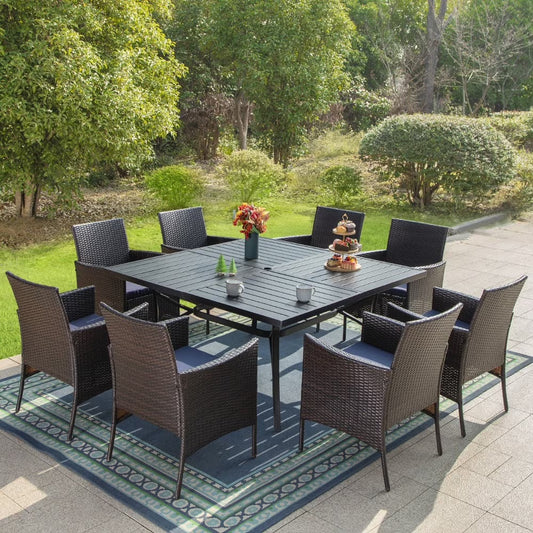 MF Studio 9-Piece Wicker Outdoor Patio Dining Set with Navy Blue Cushions, Rattan Outdoor Chairs and 60” Square Metal Patio Table with Umbrella Hole for 8 People, Black & Brown