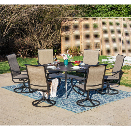 MF Studio 7-Piece Outdoor Patio Dining Set with Swivel Textilene Chairs & Large Round Table for 6-Person, Black & Brown-Gray