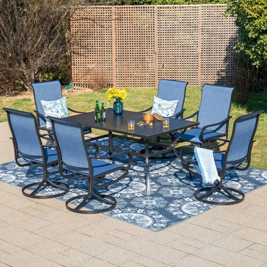 MF Studio 7-Piece Outdoor Patio Dining Set, Metal Outside Furniture Set with Rectangle Table & Swivel Chairs for 6 Person, Black & Blue