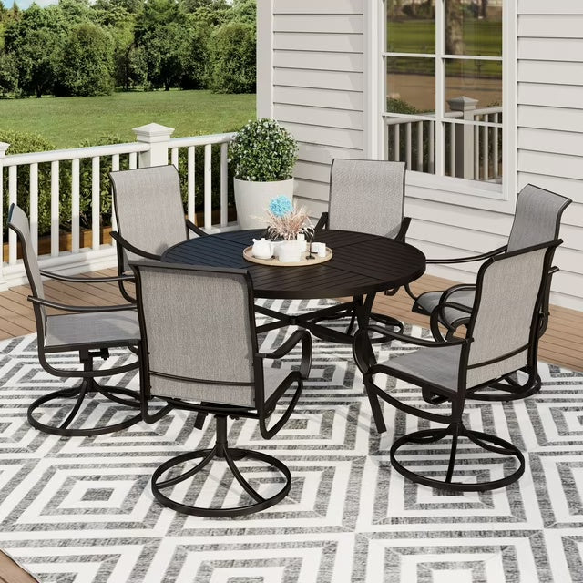 7-Piece Outdoor Patio Dining Set, Swivel Chairs & 54” Large Round Table with Umbrella Hole, Steel Frame & Textilene Seat, Gray