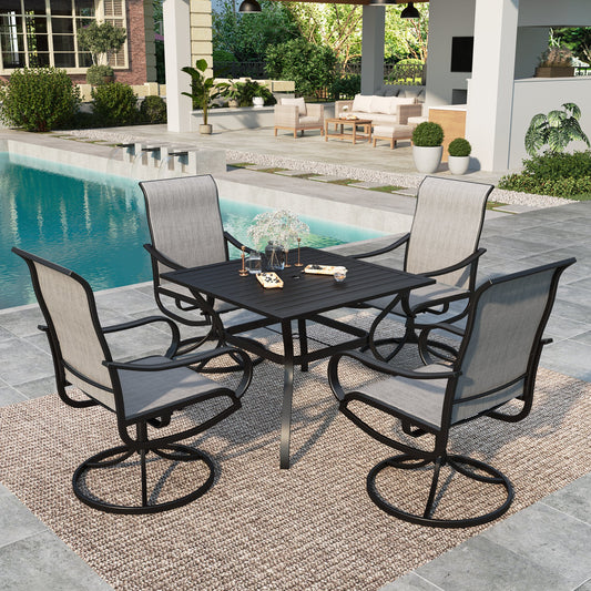 Summit Living 5 Pieces Outdoor Patio Dining Set, Swivel Textilene Chair & 37” Metal Table with Umbrella Hole, Black & Light Gray