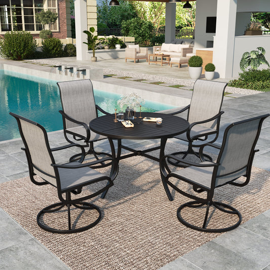 Summit Living 5 Pieces Outdoor Patio Dining Set, Swivel Textilene Chair & 42" Round Metal Table with Umbrella Hole, Black & Light Gray