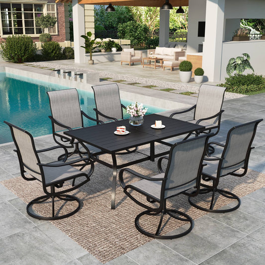 Summit Living 7 Pieces Outdoor Patio Dining Set, Swivel Textilene Chair & 60" Rectangle Metal Table with Umbrella Hole, Black & Light Gray