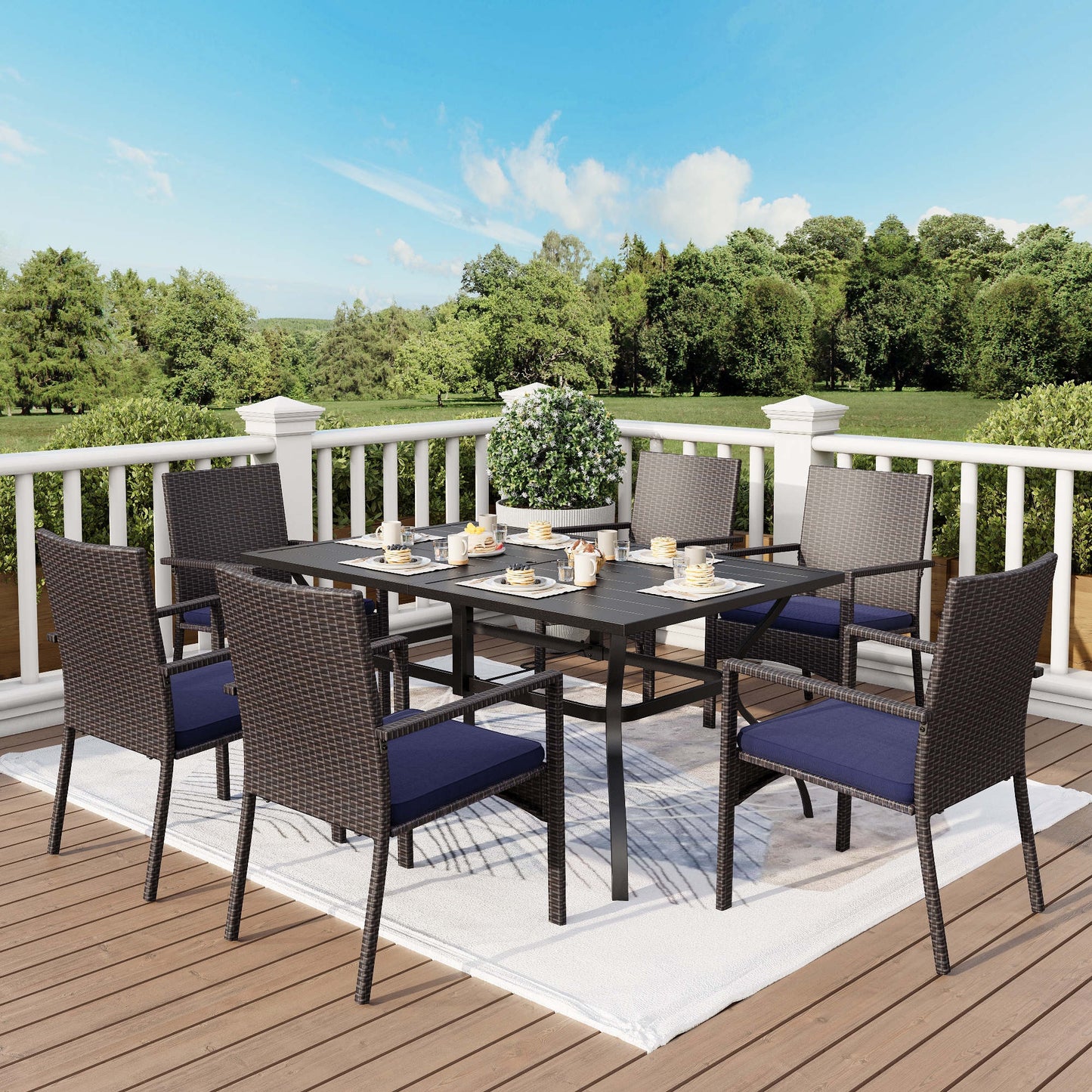 MF Studio 7 Piece Outdoor Patio Dining Sets with 1 PC Rectangle Metal Table and 6 PCS Rattan Cushioned Chairs Navy Blue