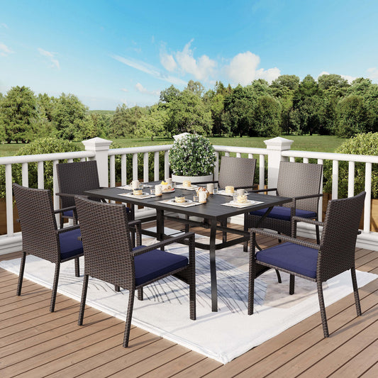 MF Studio 7 Piece Outdoor Patio Dining Sets with 1 PC Rectangle Metal Table and 6 PCS Rattan Cushioned Chairs Navy Blue