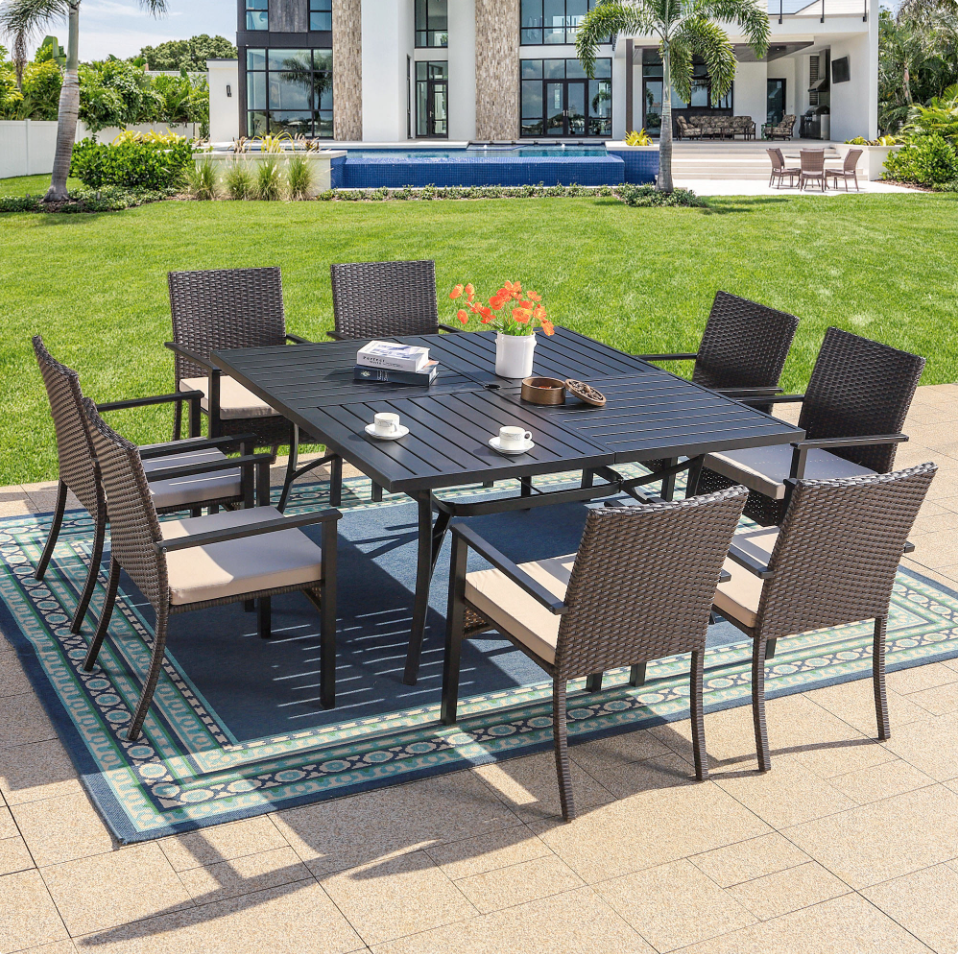MF Studio 9-Piece Outdoor Patio Dining Set with Large Square Table and Wicker Chairs for 8-Person
