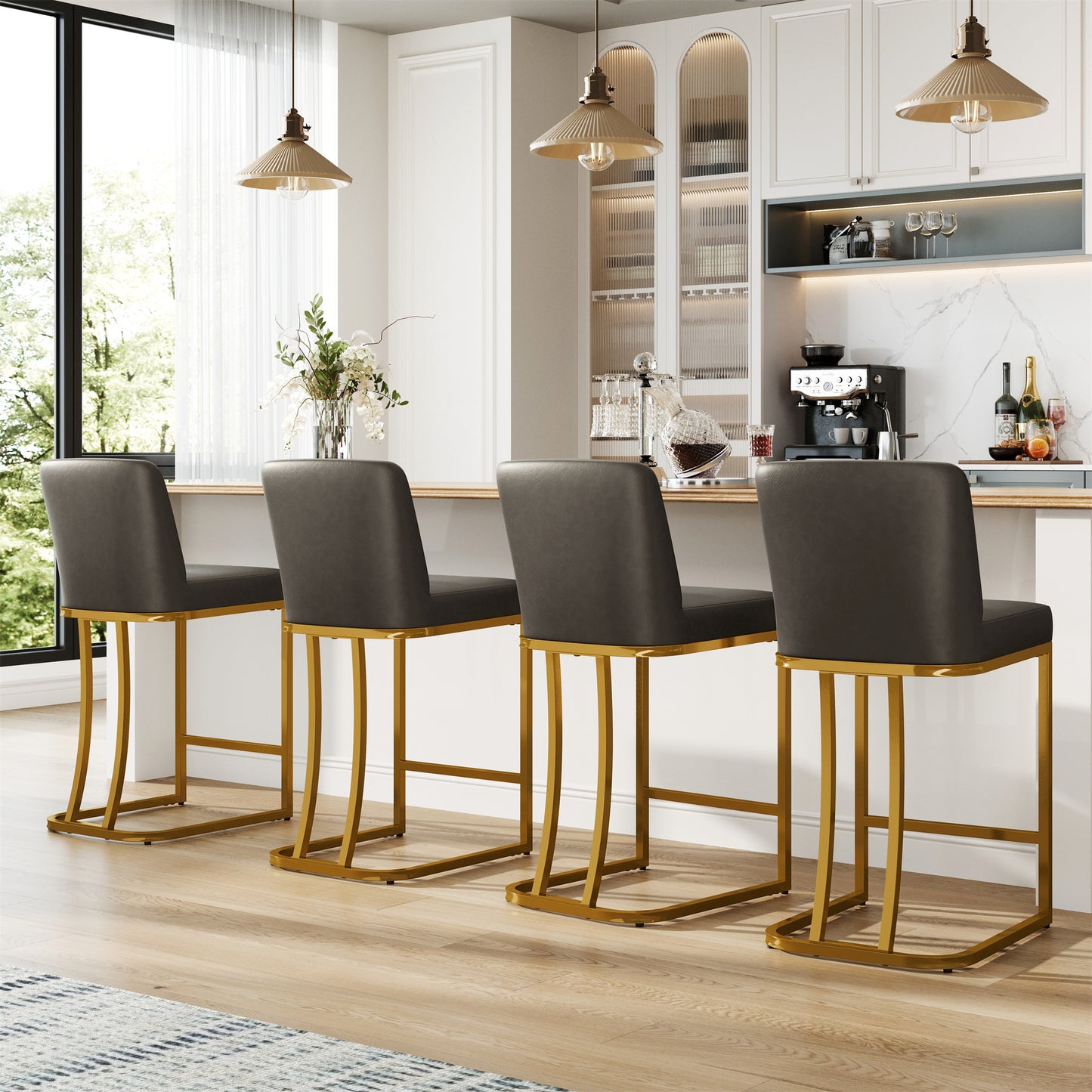 MF Studio 24" Counter Height Bar Stool with Back Set of 4, Faux Leather Bar Chair for Kitchen Island, Gold & Dark Gray