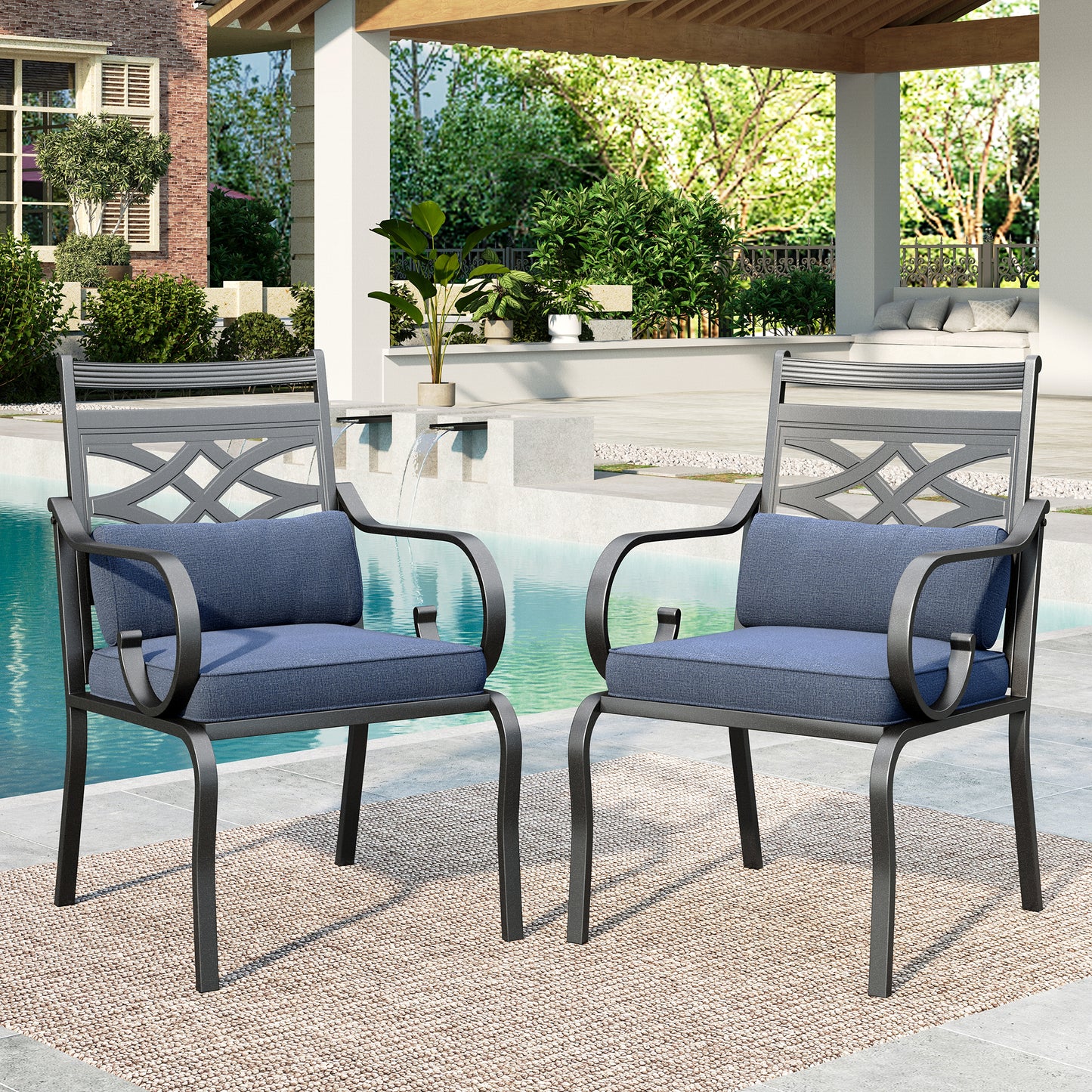 SUMMIT LIVING 2-Piece Outdoor Patio Dining Chairs with Removable Cushions & Pillows, Black & Blue