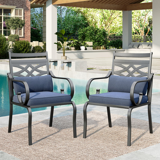 SUMMIT LIVING 2-Piece Outdoor Patio Dining Chairs with Removable Cushions & Pillows, Black & Blue