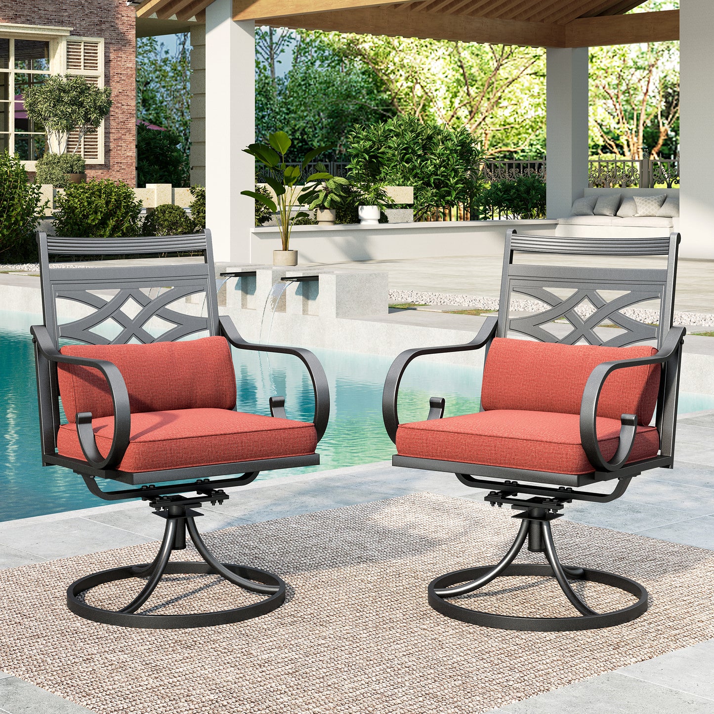 SUMMIT LIVING 2-Piece Outdoor Patio Dining 360° Swivel Chairs with with Removable Cushions & Pillows, Black & Red