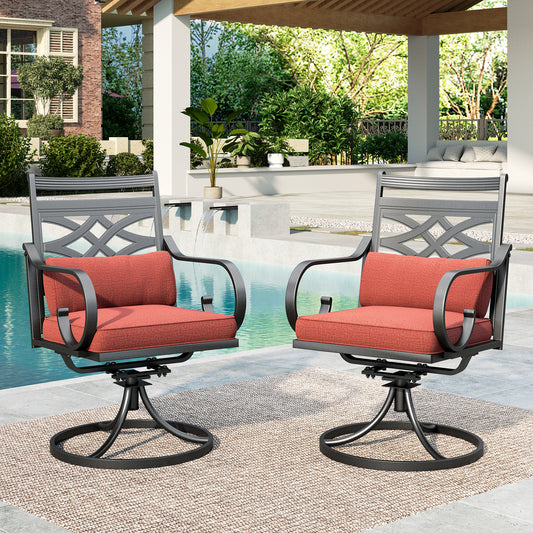 SUMMIT LIVING 2-Piece Outdoor Patio Dining 360° Swivel Chairs with with Removable Cushions & Pillows, Black & Red