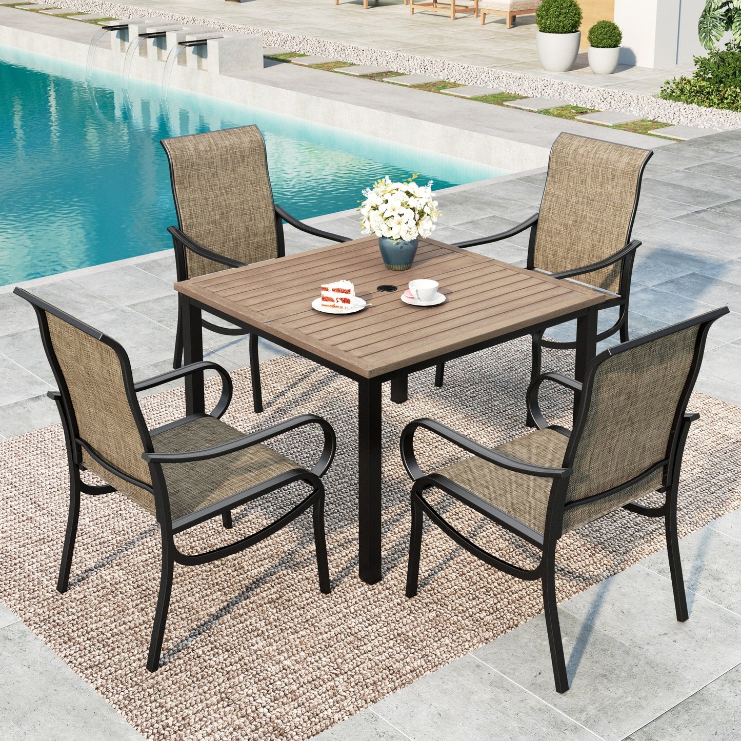 MF Studio 5-Piece Outdoor Patio Dining Set, 42" Wood-Grain Square Outdoor Patio Table and Textilene Chairs, Black & Brown-gray