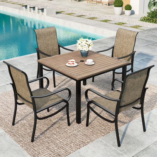 MF Studio 5-Piece Outdoor Patio Dining Set, 42" Wood-Grain Square Outdoor Patio Table and Textilene Chairs, Black & Brown-gray