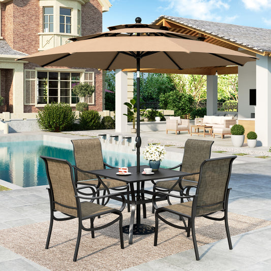 MF Studio 6-Piece Outdoor Patio Dining Set with 10ft Beige Umbrella, 37" Metal Square Outdoor Patio Table and Textilene Chairs for 4 People, Black & Brown-gray