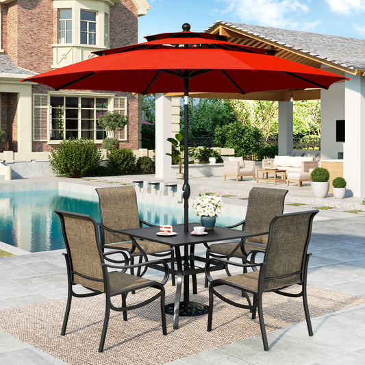 MF Studio 6-Piece Outdoor Patio Dining Set with 10ft Red Umbrella, 37" Metal Square Outdoor Patio Table and Textilene Chairs for 4 People, Black & Brown-gray