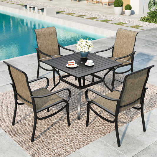 MF Studio 5-Piece Outdoor Patio Dining Set, 37" Metal Square Outdoor Patio Table and Textilene Chairs, Black & Brown-gray
